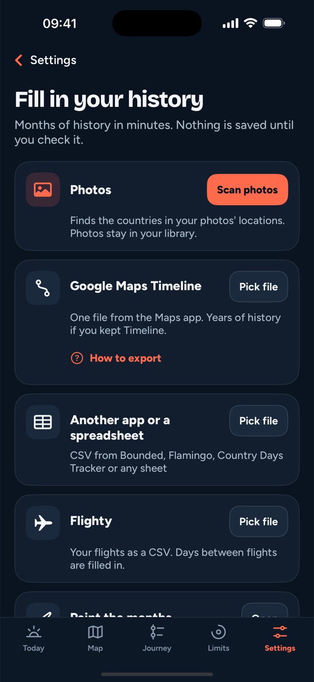 Fill in your travel history in Ternslog from Photos, a Google Maps Timeline file, another app's CSV or a spreadsheet